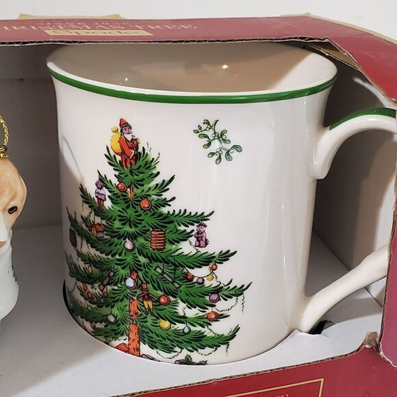 New in Box Spode Christmas Tree Ceramic Coffee Mug + Puppy In stocking Ornament - Picture 4 of 5